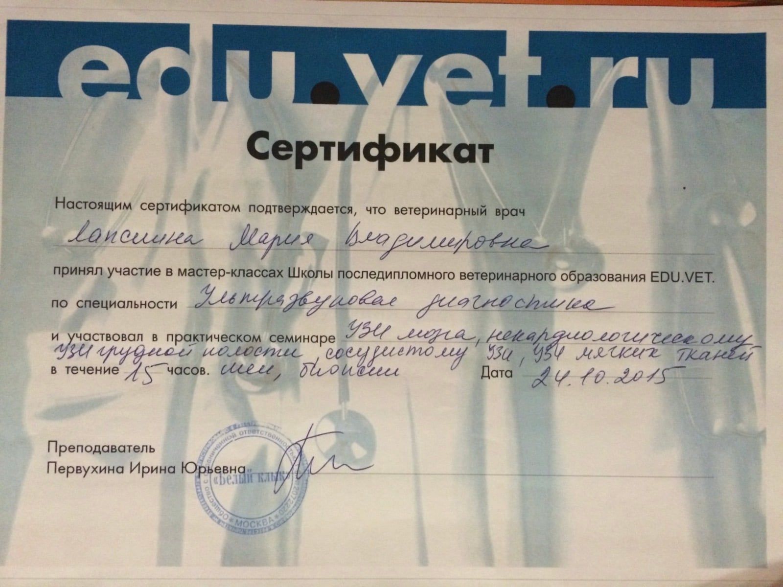 Сертификат Марии Лапшиной о повышении квалификации, 2