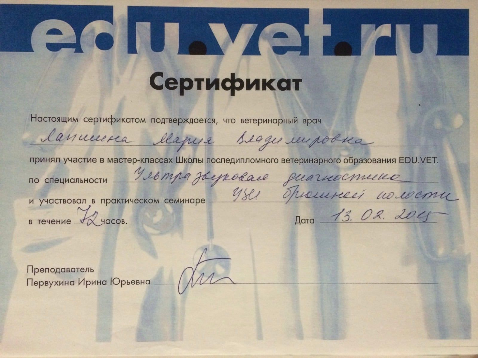 Сертификат Марии Лапшиной о повышении квалификации, 3