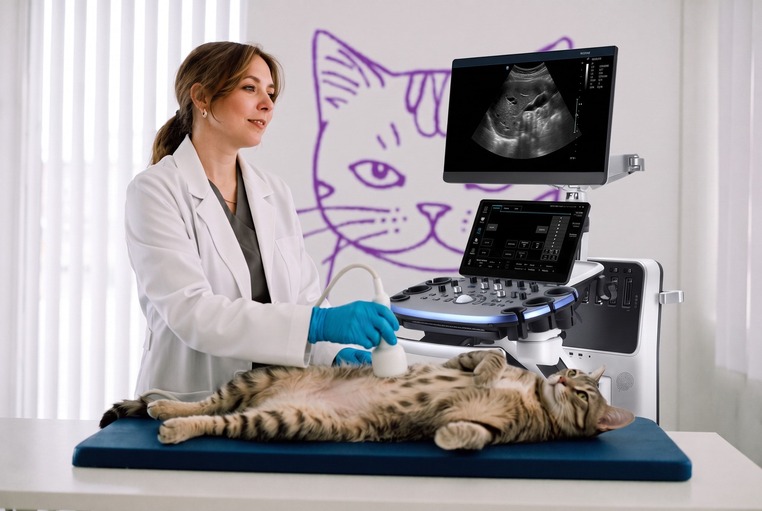 Мария Лапшина делает УЗИ кошке на аппарате Mindray Vetus 9